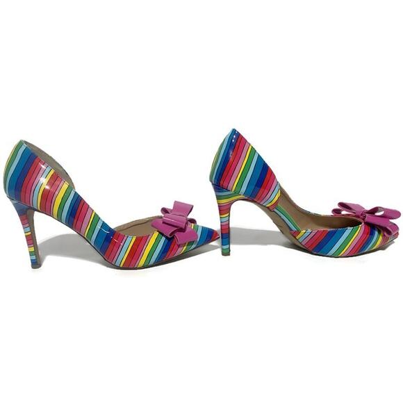 Betsey Johnson Relay Rainbow Striped Stiletto Pumps Heels Size 8 With Pink Bow - Picture 9 of 9